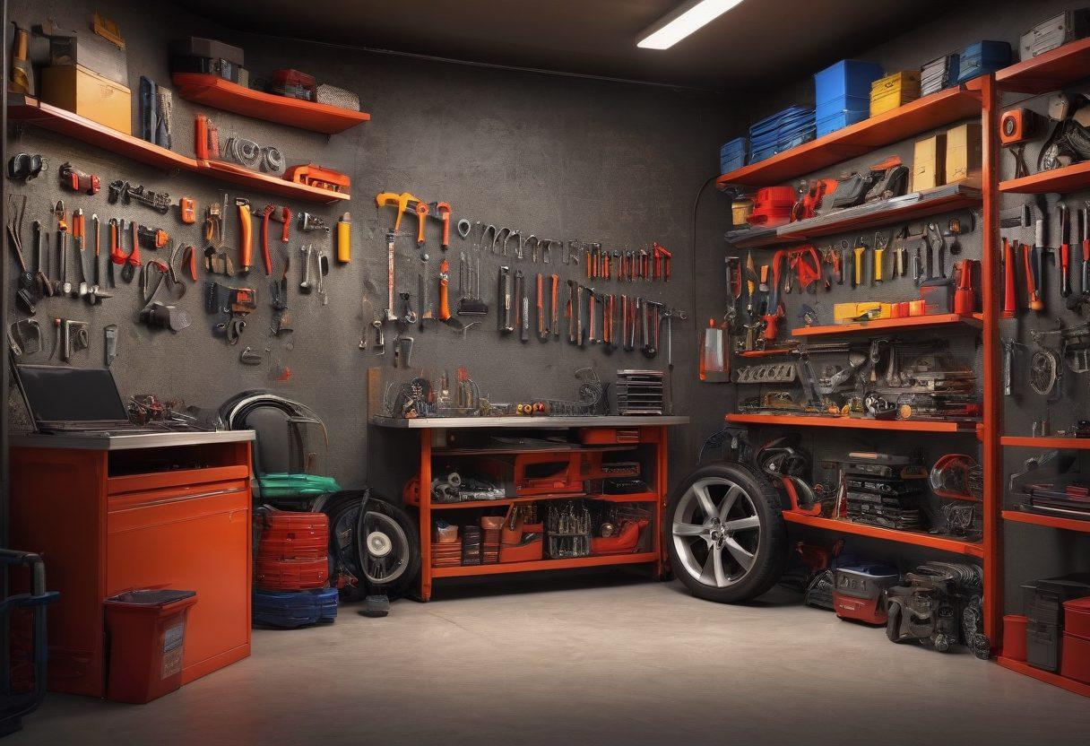 An organized garage scene showcasing various auto spare parts and tools neatly displayed on shelves. Include a mechanic inspecting a car part with a laptop open, showcasing technical diagrams next to him. Emphasize vibrant colors of the tools and parts, with a warm, inviting atmosphere that inspires trust and professionalism. Illustrate a prominently featured checklist for vehicle maintenance on the wall. super-realistic. vibrant colors. detailed textures.