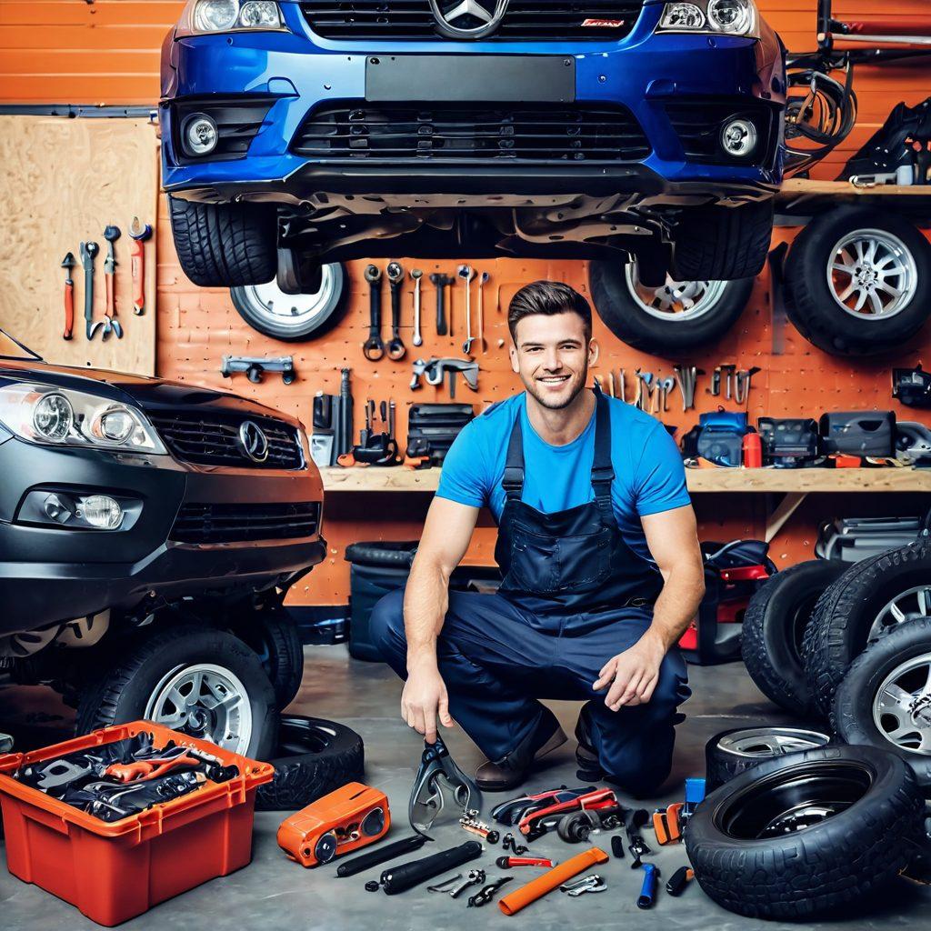 A dynamic split-image showcasing a skilled technician in a workshop on one side, and an enthusiastic DIY enthusiast working on a car accessory on the other, surrounded by various vehicle components like tires, batteries, and tools. The background should be a blend of a cluttered workshop and a bright, inviting DIY garage setting. Emphasize the contrast between professional and DIY approaches to vehicle enhancements. vibrant colors. super-realistic.