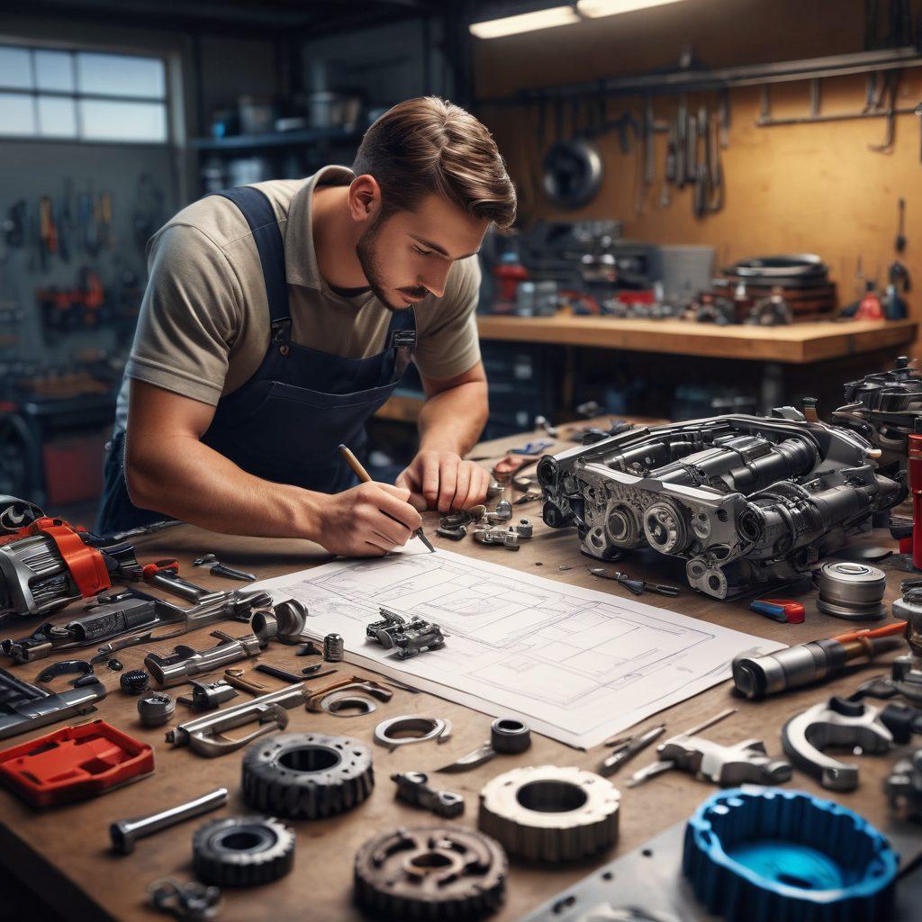 An automotive workshop scene showcasing a mechanic examining various quality car parts on a workbench, with tools and car blueprints in the background. Highlight the intricate details of the parts, giving a sense of craftsmanship, alongside a well-lit environment that exudes a professional ambiance. Incorporate various types of car parts, emphasizing diversity and quality. super-realistic. vibrant colors. detailed background.